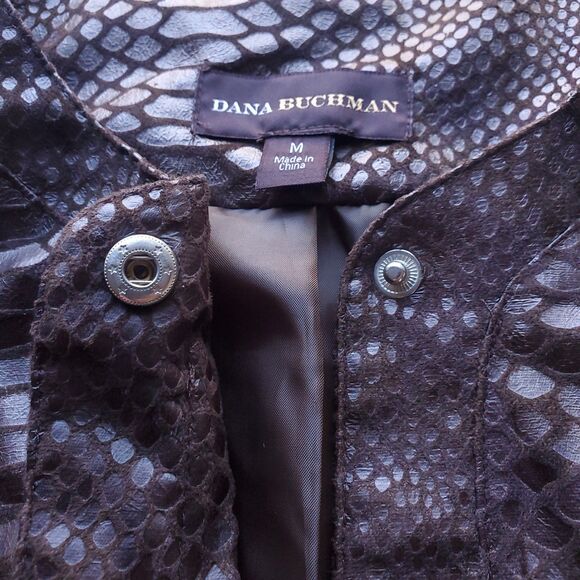 Dana Buchman Faux Snakeskin Jacket M Chocolate Brown Snake Reptile Snap Front - Picture 6 of 11